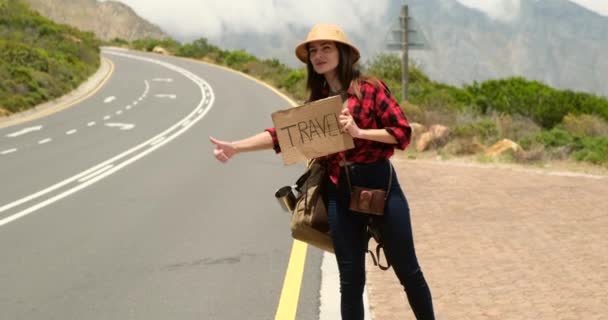 Pretty Young Woman Hitchhiking Road Beautiful Young Female Hitchhiker Road — ストック動画