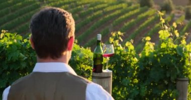 wine bottle and glass on wodden barrel. on a wooden table there is a bottle of wine and a glass of red wine at sunset, a man shows a heart of hands. sommelier waiting for his new vintage of grapes