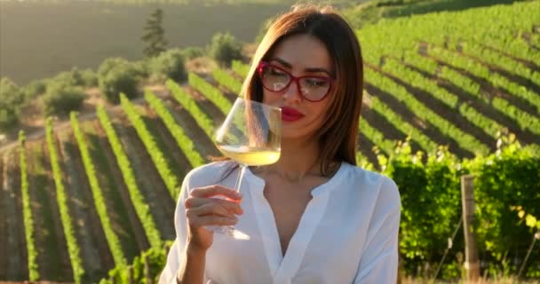 Young Woman Tasting Red Wine Vineyard Sunset Stylish Female White — Vídeo de stock