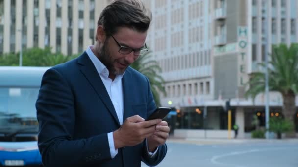 Handsome Businessman Celebrating Victory Shouting Happily Happy Excited Businessman Looking — Video