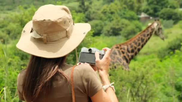 Girl Traveler Safari Style Photographs Giraffe Savannah Happy Zoology Student — Stock videók