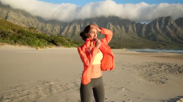 Athletic Woman Eating Protein Bar Happy Girl Eating Candy Bar — Video Stock