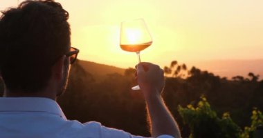 Handsome caucasian bearded hipster man with eyeglasses smiling and holding glass of wine. Sommeliers male hold glass red wine tasting. male sommelier in white shirt holding a glass of red wine