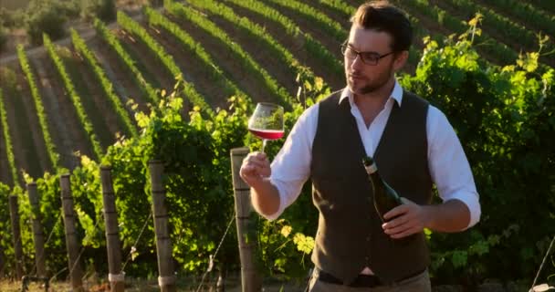 Portrait Young Millennial Vintner Holding Smelling Glass Organic Bio Red — Stockvideo