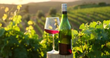 a bottle of wine and a glass of wine stand on a wooden pole against the backdrop of a green vineyard. wine production in italian winemaking