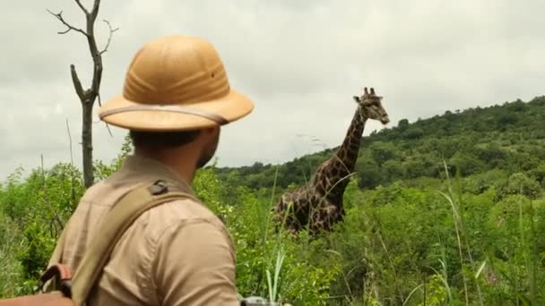 Мужчина Путешественник Фотографирует Пленку Жирафа Саванне Жираф Национальном Парке Саванны — стоковое видео