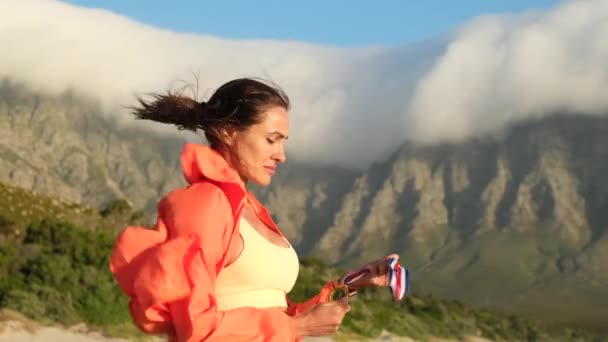 Sports Girl Proudly Raises Her Hand Gold Medal Athlete Standing — Vídeos de Stock