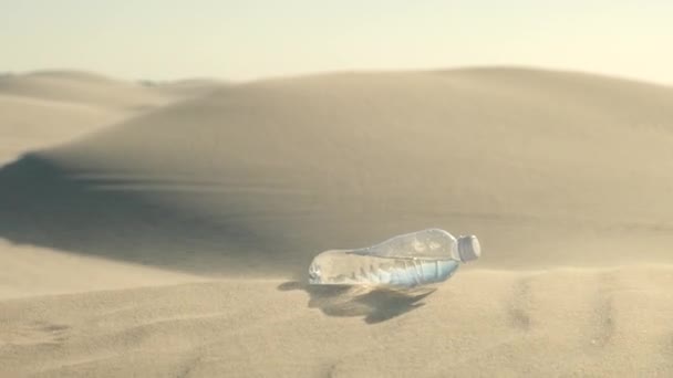 Bottle Water Desert Plastic Water Bottle Lies Hot Sand Desert — ストック動画