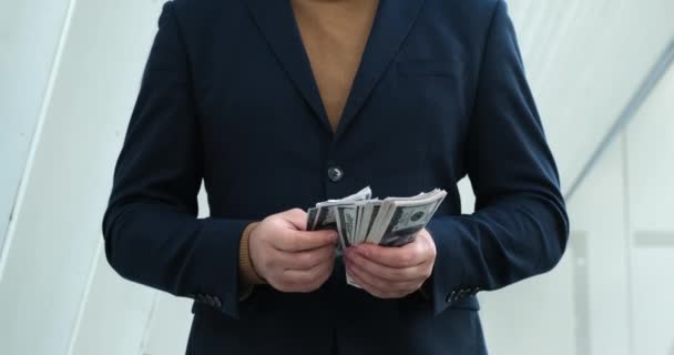 Businessman Counts Money Hands Happy Successful American Businessman Counts Waves — 비디오