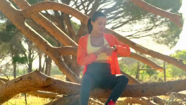 Sports Girl Checks Calories Workout Woman Checking Fitness Progress Her — Stockvideo