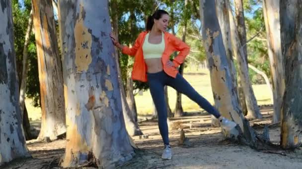 Sportswoman Stretching Seaside Workout Sporty Woman Stretching Exercise Warming Running — Stockvideo