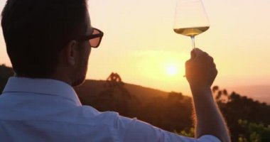 Winemaker in vineyard with glass of wine. stylish man in a white shirt is testing a new sort of white wine from a glass. Authentic shot of successful male is tasting a flavor and checking red wine