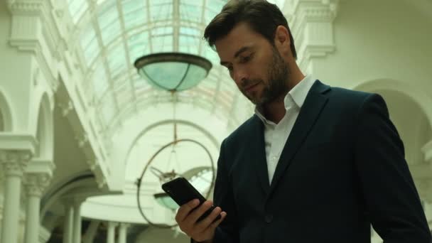 Handsome Businessman Checking Emails Phone Modern Office Experienced Business Man — Αρχείο Βίντεο