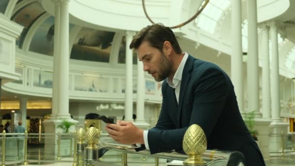 Handsome Businessman Checking Emails Phone Modern Office Experienced Business Man — Αρχείο Βίντεο