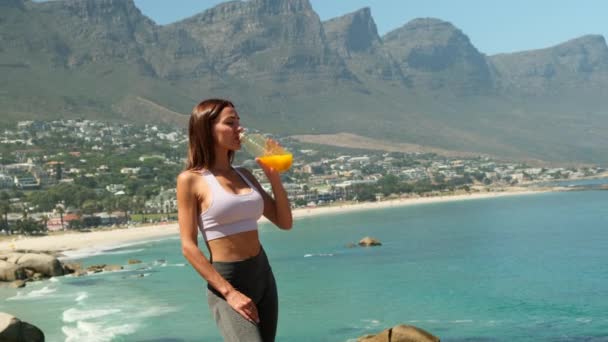 Unrecognizable Woman Drinking Orange Carrot Fresh Vitamin Juice Sporty Young — Stock Video