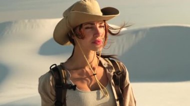 Güzel kız gezgin çölde kayboldu. Çölde rüzgarlı saçları olan bohem kadın başını çeviriyor ve gülümsüyor. Wadi Rum çölünde kayanın üzerinde gün batımını seyreden bir kadın gezgin..