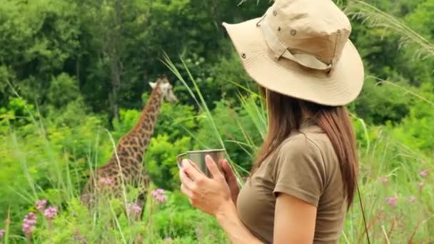 Een Vrouw Met Een Safarihoed Drinkt Water Bij Een Giraffe — Stockvideo