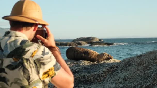 Viajero Masculino Sombrero Safari Encuentra Cerca Una Joven Foca Océano — Vídeo de stock