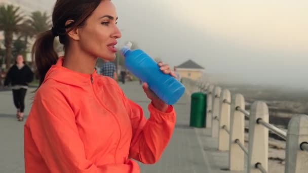 Γυμναστική Ελκυστική Νεαρή Γυναίκα Πόσιμο Νερό Από Μπουκάλι Μετά Προπόνηση — Αρχείο Βίντεο