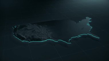 Birleşik Devletler 'in çevresi çizilmiş dağları ve parlayan ızgara desenli topografik haritasının dijital taraması..