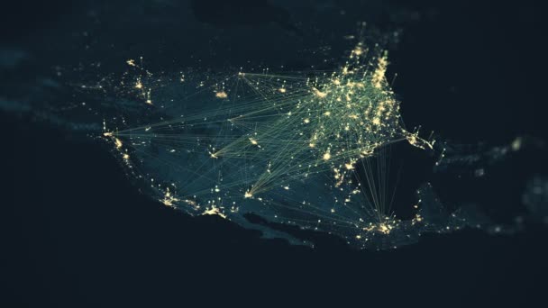 高科技动画的美国夜间地图与发光线连接 地图上点间有照明的美国和动画线连接的北美大陆空间视图 — 图库视频影像