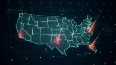 Animasyonlu görsel HUD elementleri olan yüksek teknolojili dijital ABD haritası, fütüristik şebeke, çizgiler, parlayan daireler ve rastgele kodlama. Motion video, yüksek teknolojili projelerin, HFT platformlarının, oyun tasarımının görselleştirilmesi ve tanıtımı için harikadır..