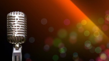 Sahnedeki şarkıcılar için kayıt ve performans için Retro mikrofon. Bokeh hafif arkaplanı reklam metni koyabilir.