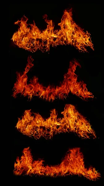 4枚の炎のイメージのコレクション 炎のテクスチャ気まぐれな火の背景のための炎 ストーブや料理の危険から焼かれた炎の肉抽象的な黒の背景を感じる — ストック写真