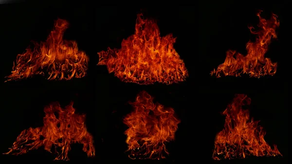 收集了6幅火焰图像 适用于异想天开的火焰背景 从炉子上燃烧或因烹调危险而燃烧的火腿肉 感觉到抽象的黑色背景 — 图库照片