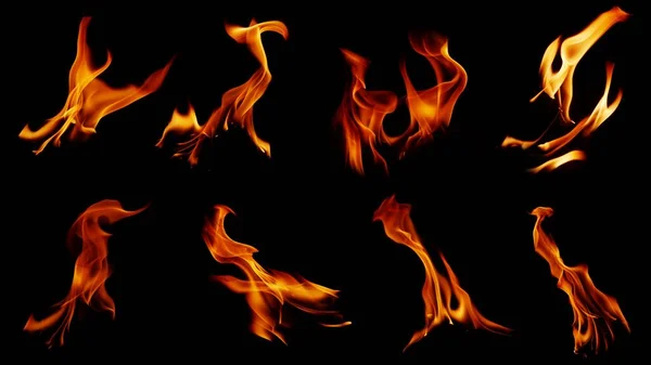 收集了8幅火焰图像 适用于异想天开的火焰背景 从炉子上燃烧或因烹调危险而燃烧的火腿肉 感觉到抽象的黑色背景 — 图库照片