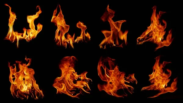 收集了8幅火焰图像 适用于异想天开的火焰背景 从炉子上燃烧或因烹调危险而燃烧的火腿肉 感觉到抽象的黑色背景 — 图库照片