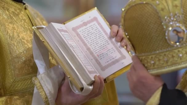 Ιερέας κατέχει ευαγγέλιο βιβλίο ή Αγία Γραφή και διαβάζει προσευχή. Χριστιανισμός ή Καθολικισμός — Αρχείο Βίντεο