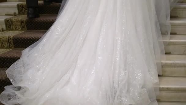 Жених и невеста поднимаются по роскошной мраморной лестнице во дворце. — стоковое видео