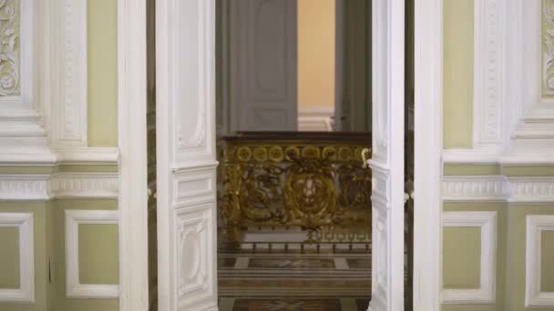 Puertas antiguas blancas en palacio lujoso. Paredes verdes en el interior histórico. — Vídeo de stock