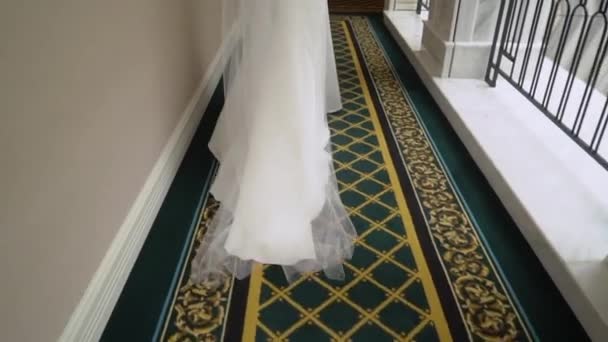 Nevěsta se závojem jde na procházku. Vlak dlouhých bílých svatební šaty. — Stock video