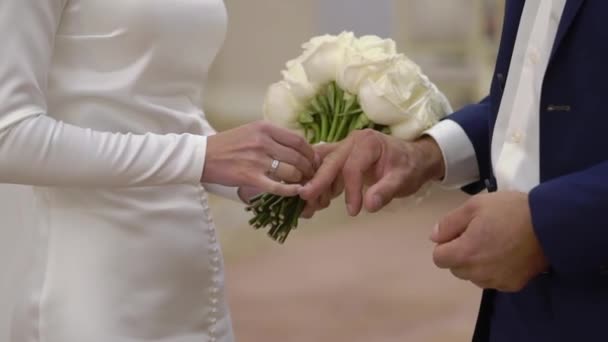 Noiva e noivo trocam anéis de casamento na cerimônia. Coloque o anel de jóias dedo. — Vídeo de Stock