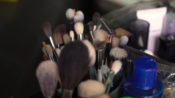 Definir escovas de maquiagem profissional. Ferramentas de maquilhagem para cosméticos decorativos — Vídeo de Stock