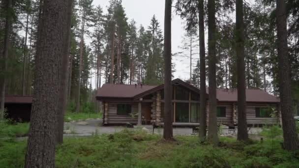Ein Holzbau im rustikalen Stil. Blockhaus in einem Wald. — Stockvideo