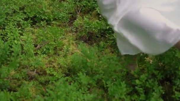 Młoda kobieta w długiej białej sukience lub szlafroku spaceruje boso po trawie w lesie. — Wideo stockowe