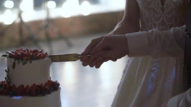 Düğün pastasından bir parça kesiyorum. Gelin ve damat resepsiyonda bıçakla.