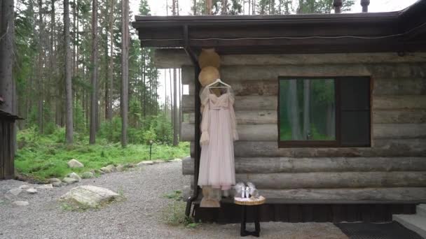 Vestido de novia, vestido de novia rosa colgando en la percha al aire libre. — Vídeo de stock