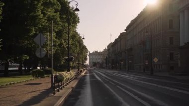 Empty road in city in early morning. No people in covid-19 pandemic.