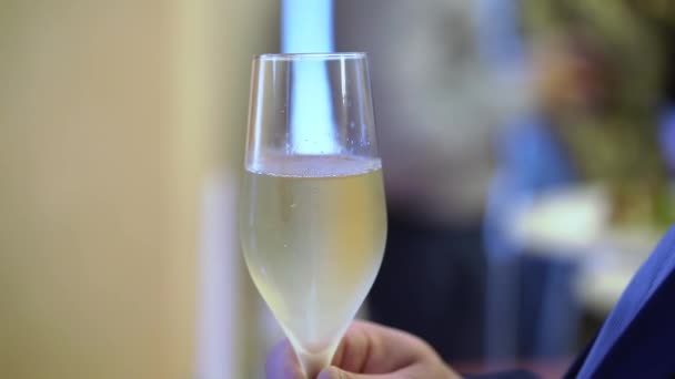 Lidé s sklenicemi šampaňského na večírku. Slavnostní dovolená, osoba pije alkoholické nápoje, šumivé víno. — Stock video
