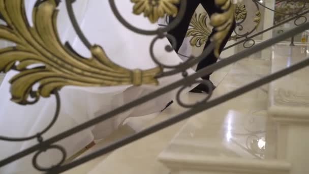 Mariée et marié montent l'escalier de marbre luxueux dans le palais à l'intérieur. — Video