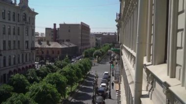 A street in the city with an alley of trees. Top view of buildings architecture.