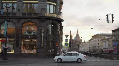 Early morning in city, dawn. Transport road, streets in Saint-Petersburg.