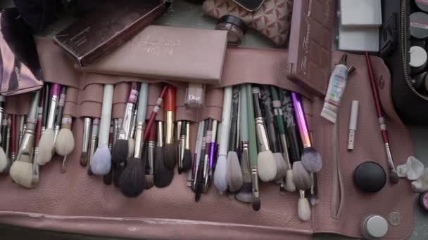 Set de pinceles de maquillaje profesional. Maquillaje herramientas de artista para cosméticos decorativos — Vídeo de stock