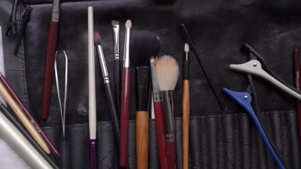Σετ επαγγελματικά πινέλα μακιγιάζ. Εργαλεία μακιγιέρ για διακοσμητικά καλλυντικά — Αρχείο Βίντεο