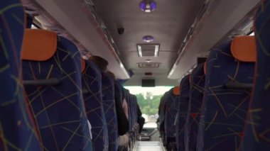 Large regular intercity bus with tourists. Tourist international transport.