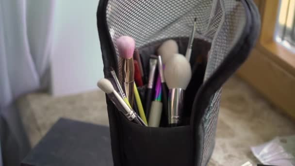 Setzen Sie professionelle Make-up-Pinsel. Make-up-Artist Werkzeuge für dekorative Kosmetik — Stockvideo